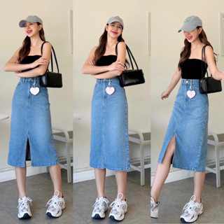 Atiapshop - BART JEANS SKIRT กระโปรงยีนส์ เอวสูง ความยาวกลาง ทรงสวย