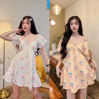 Teera❤️พร้อมส่ง✨Flora Dress💖มินิเดรสลายดอกไม้น่ารัก🌷มีกระเป๋าข้าง ผ้าพริ้ว ใส่สบาย Goodluck