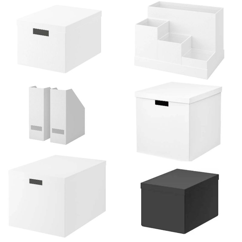 IKEA แท้ค่ะ TJENA เชียน่า กล่องเก็บของพร้อมฝา,​ อุปกรณ์จัดเก็บบนโต๊ะ,​ กล่องใส่นิตยสาร, ขาว, ดำ