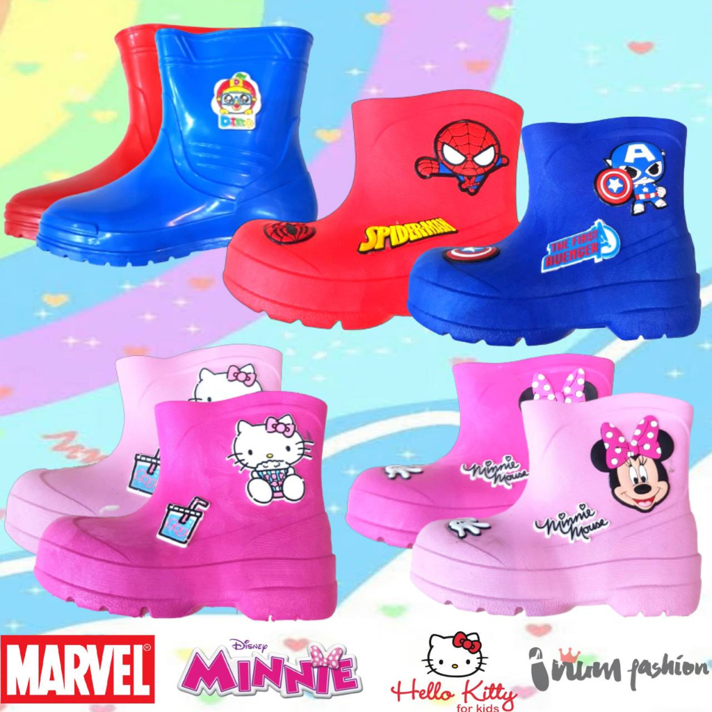 NFshoes บูทเด็ก บูทยางกันน้ำ ลายลิขสิทธิ์แท้ รองเท้ายางกันน้ำ งานการ์ตูนนูน 3D ลาย Spiderman มินนี่ คิตตี้ กัปตัน