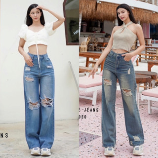 Order Volume jeans กางเกงยีนส์เอวสูงขากระบอกใหญ่แต่งขาดสีฟอกสไตล์เกาหลี y2k jeansdede