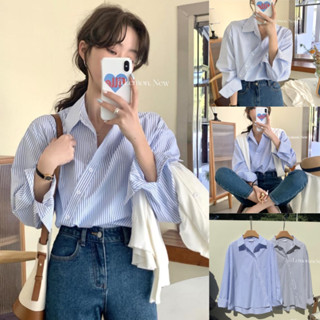 🌺พร้อมส่ง🌺 MC2975 เสื้อเชิ้ตแขนยาวคอปก ลายทาง ทรงหลวม free size แฟชั่นฤดูใบไม้ผลิต สไตล์เกาหลี สําหรับผู้หญิง