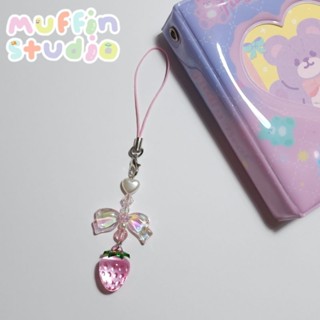 Strawberry pink pink Keychain พวงกุญแจ​ลูกปัด​ สาย​ห้อย​โทรศัพท์​ รุ่น​โบว์​สีชมพู​ จี้สตอเบอรี่​