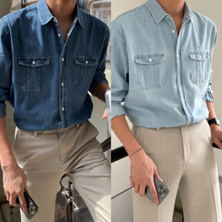 DENIM LONG-SLEEVED SHIRT เสื้อเชิ้ตเดนิม เสื้อเชิ้ตยีนส์ สไตล์เกาหลี