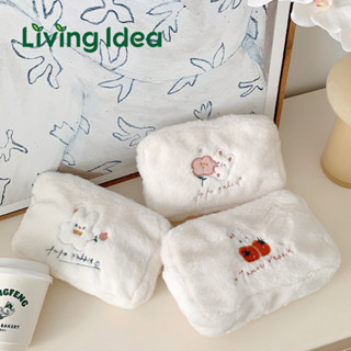 Living Idea กระเป๋าถือ กระเป๋าเครื่องสำอางขน นุ่มๆ ขนนุ่ม สีน่ารัก ใส่ดินสอได้ กระเป๋าลายปัก