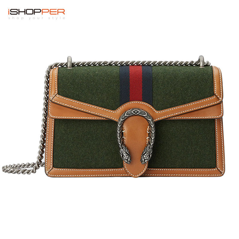 GUCCI กระเป๋าผู้หญิง Gucci Dionysus ซีรีส์กระเป๋าสะพายไหล่ผ้าขนสัตว์ลายทางสีแดงและสีเขียวกระเป๋าโซ่ขนาดเล็ก 400249