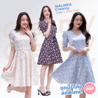 NALINFA Creamy (Blue/Yellow/Black) - เดรสคอวี แขนย่น ลายดอกไม้ กระโปรงทรงย้วย By Nalinfa