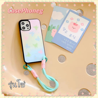 🍑CasePhoneg🍑ขอบดำ พร้อมโซ่ ไล่ระดับ สีสัน ผีเสื้อ iPhone 11 14pro max ป้องกันการหล่น ขอบเต็ม case for iPhone 12 13