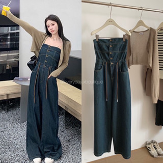 Jeans jumpsuit X cardigan set 2 pcs.🫶🏻(890฿ฟรีส่ง) จั๊มสูทเกาะอกขายาว ทรงขากระบอก ผ้ายีนส์ มาพร้อมเสื้อคลุม wg.we