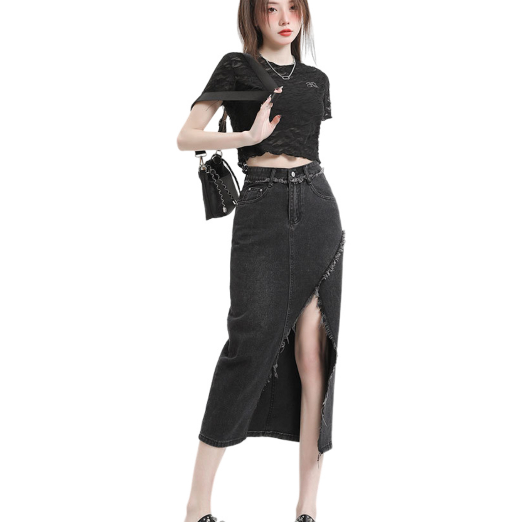 199 บาท Ningfashion กระโปรงยีนส์ผู้หญิงเอวสูงผ่าด้านหน้าแบบลึก รุ่น W615 Women Clothes