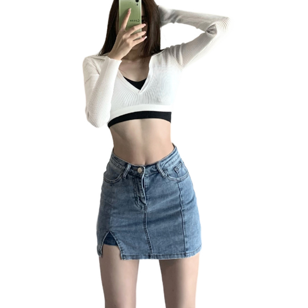 Ningfashion กระโปรงยีนส์ผู้หญิง ยีนส์ยืดแบบสั้นมีซับใน รุ่น W7338