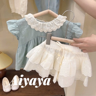 Aiyaya ชุดเซ็ทเด็กผู้หญิง เสื้อคอตุ๊กตาสีน้ำเงิน + กระโปรงสีขาว ชุด2ชิ้น แฟชั่นเด็กผู้หญิง สไตล์เกาหลี 2-8 ขวบ （756）