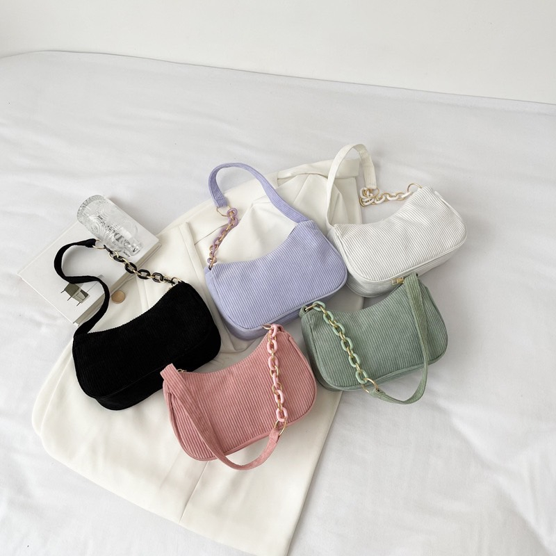 กระเป๋าสะพายไหล่ V14 คล้องแขน ผ้าลูกฟูก สีพาสเทลน่ารักๆ สไตล์เกาหลี พร้อมส่งจากไทย