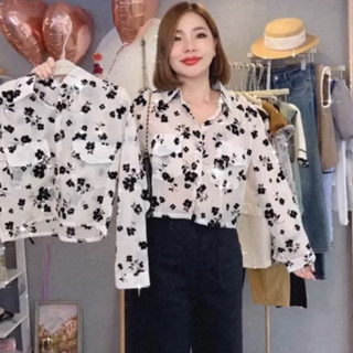 MG958เสื้อเชิ้ตสีกรีนลายดอกกำมะหยี่ป้ายYQ