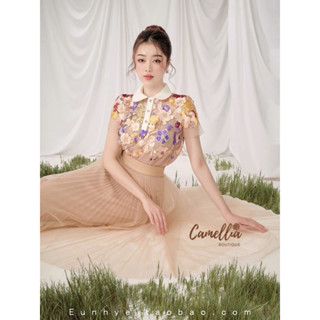 ราคาถูกที่สุด!! Camellia Boutique Set เสื้อลูกไม้ปัก+กระโปรงผ้ามุ้งสีครีม