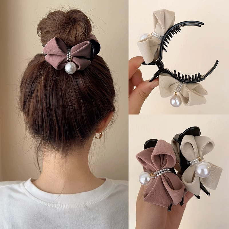 หนีบดังโงะ รุ่นโบว์มุก ผ้ากำมะหยี่ ประดับมุก ขนาด 9cm กิ๊บติดผม กิ๊บหนีบผม