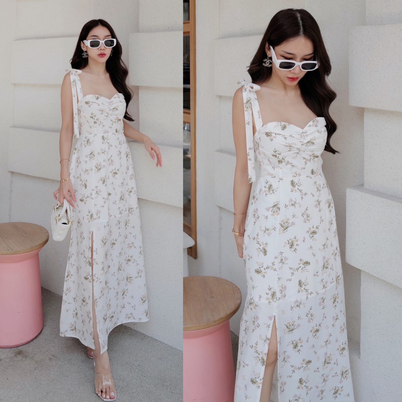 Hilook floral dress เดรสยาวลายดอก ดีเทลสายเดี่ยวผูก ผ่าหน้าสุดเก๋ By Hilook