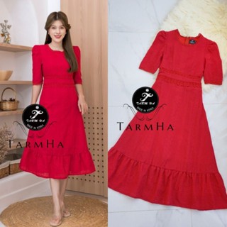 ชุดสีแดงรับตรุษจีน!!! S-6XL Maxi Dress เดรสสีแดงผ้าฉลุลายแขนพอง งานป้าย Tarm Ha