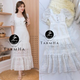 เดรสขาวออกงาน!!! S-6XL Maxi Dress เดรสลูกไม้สีขาวแขนพองแต่งกระดุมเพชร งานป้าย Tarm Ha