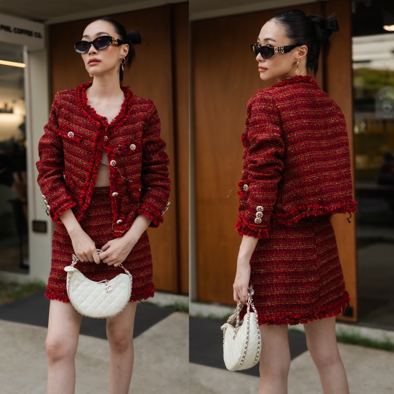 Code : 6151 ชุดเซทสีแดงผ้าทวิต ชุดไปงานสีแดง งานป้าย Vshop