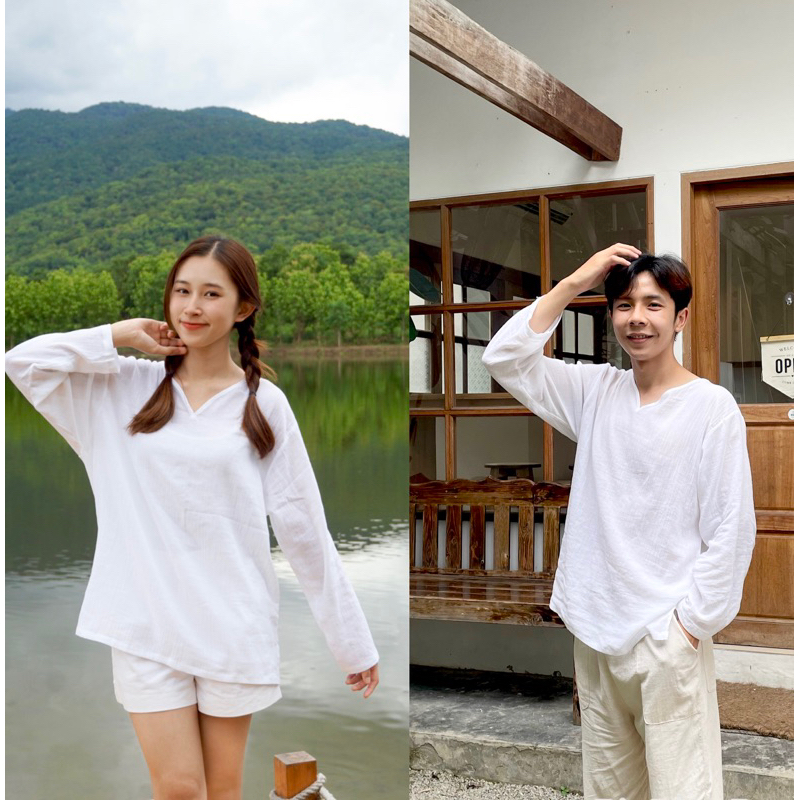 เสื้อผ้าสาลู รุ่น Salou white shirt เสื้อขาวแขนยาวใส่ได้ทั้งชายหญิง