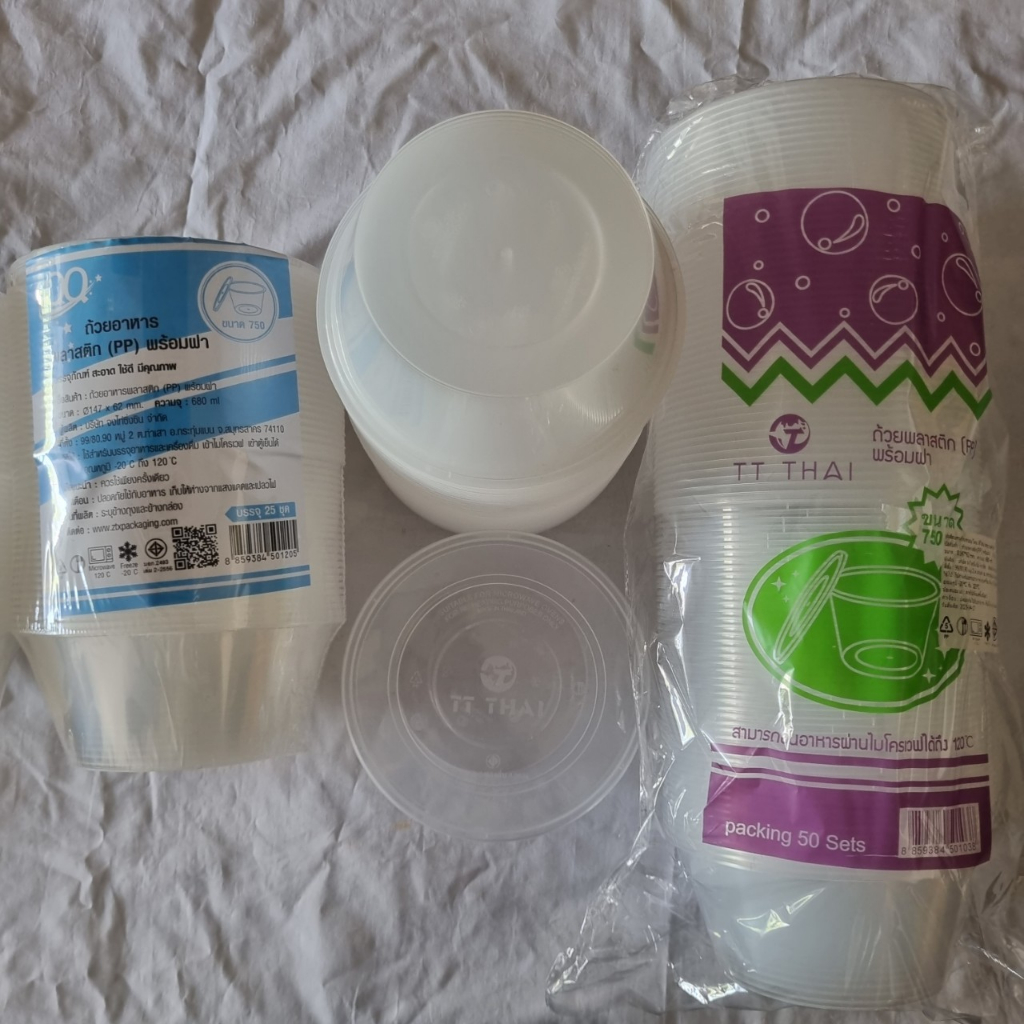 ถ้วยพลาสติก ขนาด750 ml ถ้วยกลมใส+ฝา เข้าไมโครเวฟ แช่เเข็งได้ เนื้อพลาสติกใส เหนียว ไม่แตกง่าย พร้อมฝา (บรรจุ25,50ใบ)