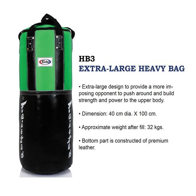 Fairtex Heavy Bag HB3 Extra Large black green (Un filled) กระสอบทรายเเฟร์เเท็กซ์ HB3 สีดำ-เขียว หนังเเท้ (ไม่บรรจุ )
