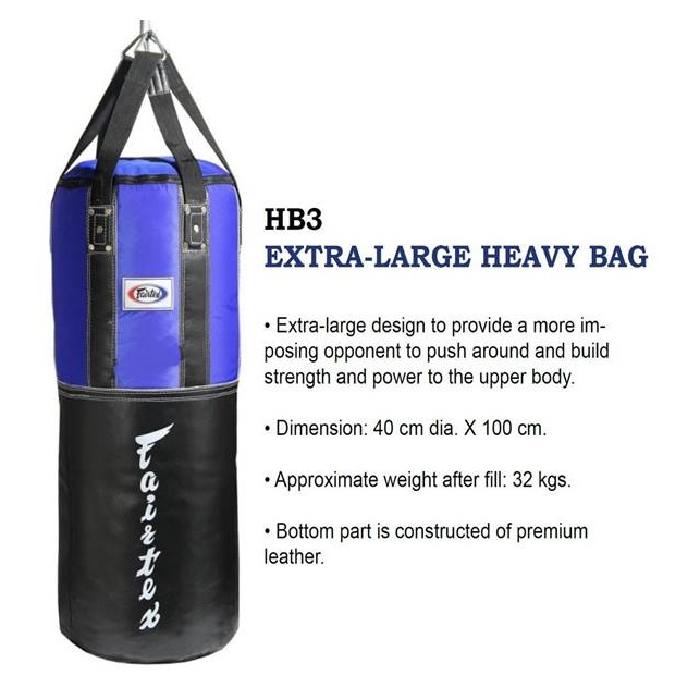 Fairtex Heavy Bag HB3 Extra Large black blue (Un filled) กระสอบทรายเเฟร์เเท็กซ์ HB3 สีดำ น้ำเงิน หนังเเท้ (ไม่บรรจุ )