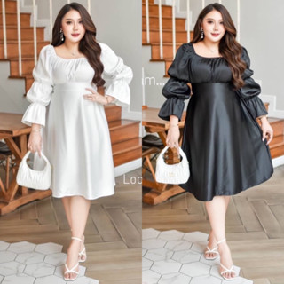 LK เดรสสาวอวบ อ้วน เดรสคอปาดสม็อคไหล่ แขนยาวจั๊ม Bigsize Plussize Oversize ชุดออกงาน ชุดราตรี