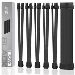 EZDIY-FAB (สายถักแต่งคอม) 18AWG PSU Cable Extension 6 Cables-Super Soft-Black (ทั้งเซ็ต)