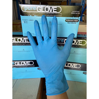 ถุงมือไร้แป้งสีฟ้า ยี่ห้อ Pure Gloveกล่องละ100ชิ้น