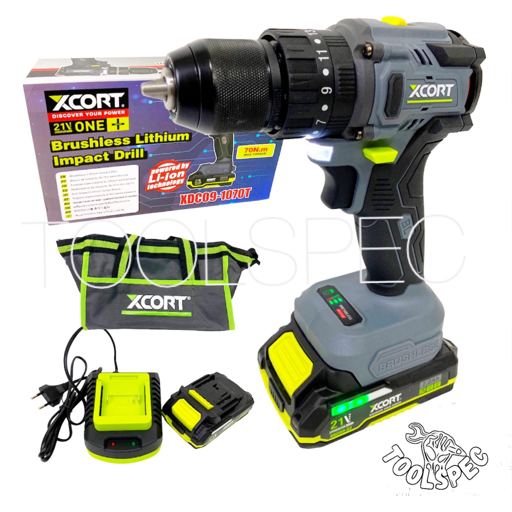 XCORT สว่านกระแทกไร้สาย มอเตอร์บบัลเลส มาพร้อมตัวใหม่แบตเตอรี่ลิเธียม 21VMAX  21V ขนาด 10 มม.  แรงบิ