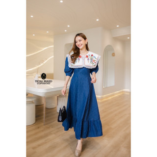 ราคาถูกที่สุด!! Ticha Maxi Dress ยีนส์ตารางแขนตุ๊กตาคอบัวแต่งระบายลูกไม้