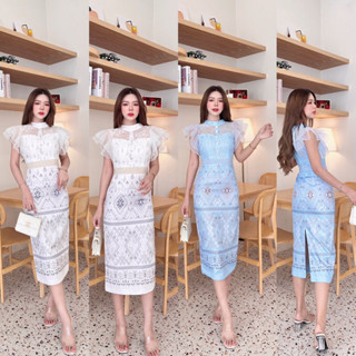 ❌พร้อมส่งXL,2XL❌ป้าย Amelia เดรสลายไทยทรงสวยเข้ารูปผ่าหลัง มี2สี แขนแต่งระบายชั้นๆคอแต่งลูกไม้ สวยมาก ทรงขายดี ตามหา