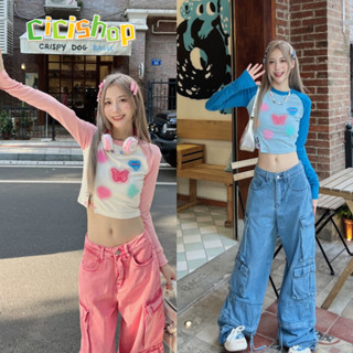 Cicishop(765)เสื้อครอปแขนยาวคอกลม สีสันน่ารัก มีลูกเล่นติดชายเสื้อ สไตล์สาวหวาน