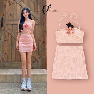 ราคาถูกที่สุด!! Crystals 315 Pink-Salmon เสื้อครอปสั้น+สายผูกคอ+กระโปรงสั้น