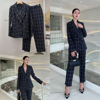 ราคาถูกที่สุด!! CHARISSA 70080 Set 2 ชิ้นเทาสก๊อต Blazer+กางเกงขายาวทรงบอกเล็ก