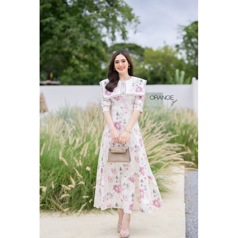 🧡พร้อมส่ง S-4XL🧡ป้าย Orange Juice💕เดรสยาว เดรสพิมพ์ลายดอกไม้ แต่งคอปกน่ารักๆ - รูปที่ 2
