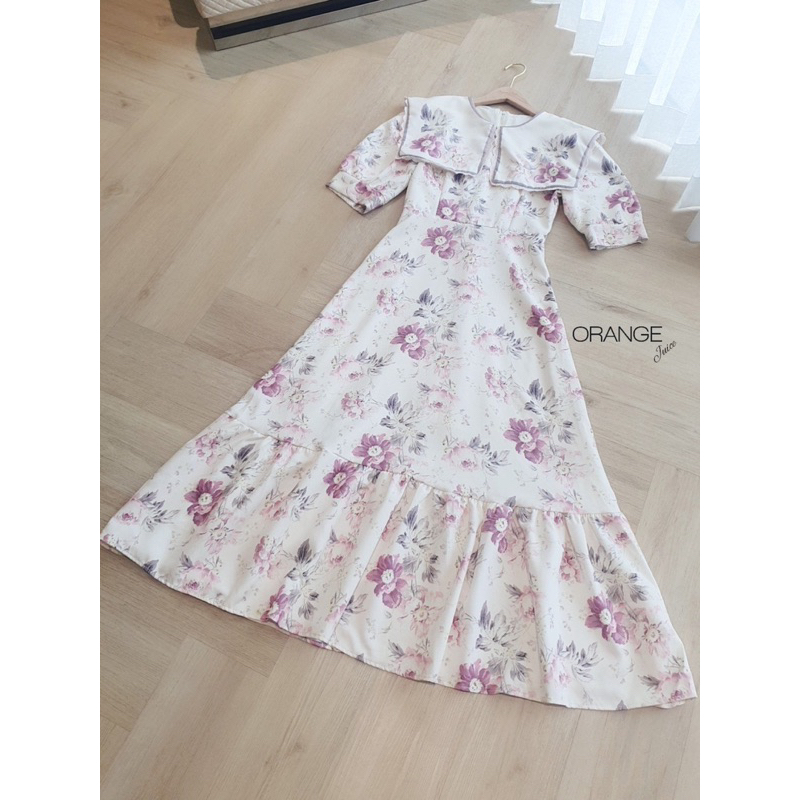 🧡พร้อมส่ง S-4XL🧡ป้าย Orange Juice💕เดรสยาว เดรสพิมพ์ลายดอกไม้ แต่งคอปกน่ารักๆ - รูปที่ 7