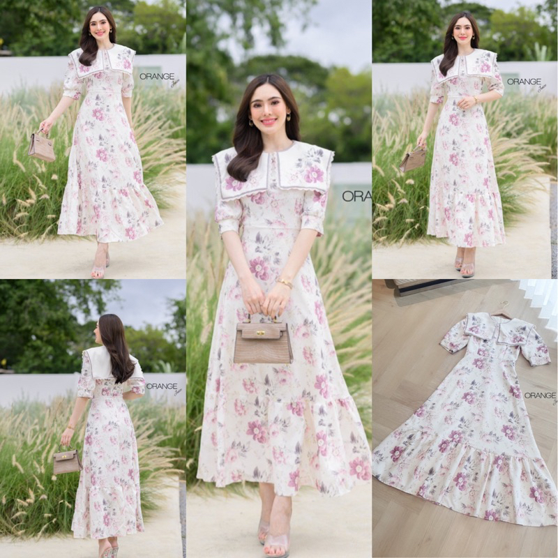 🧡พร้อมส่ง S-4XL🧡ป้าย Orange Juice💕เดรสยาว เดรสพิมพ์ลายดอกไม้ แต่งคอปกน่ารักๆ