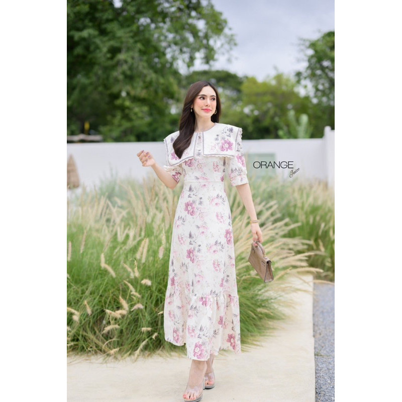 🧡พร้อมส่ง S-4XL🧡ป้าย Orange Juice💕เดรสยาว เดรสพิมพ์ลายดอกไม้ แต่งคอปกน่ารักๆ - รูปที่ 3