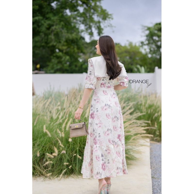 🧡พร้อมส่ง S-4XL🧡ป้าย Orange Juice💕เดรสยาว เดรสพิมพ์ลายดอกไม้ แต่งคอปกน่ารักๆ - รูปที่ 5