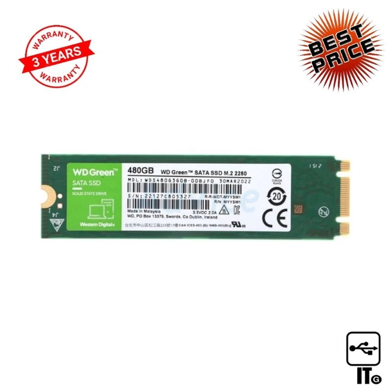 480 GB SSD M.2 WD GREEN (WDS480G3G0B) SATA M.2 2280 3D NAND ประกัน 3Y SSD M.2 SATA 512 GB UP