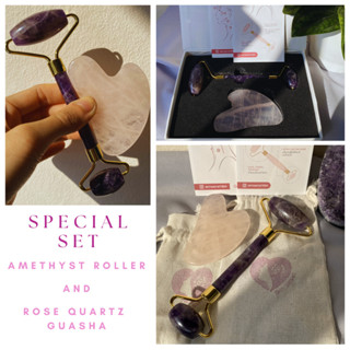 Special Set Amethyst Roller + Rose Quartz Gua Sha เซ็ตพิเศษ ลูกกลิ้ง อเมทิสต์ + กัวซา โรสควอตซ์