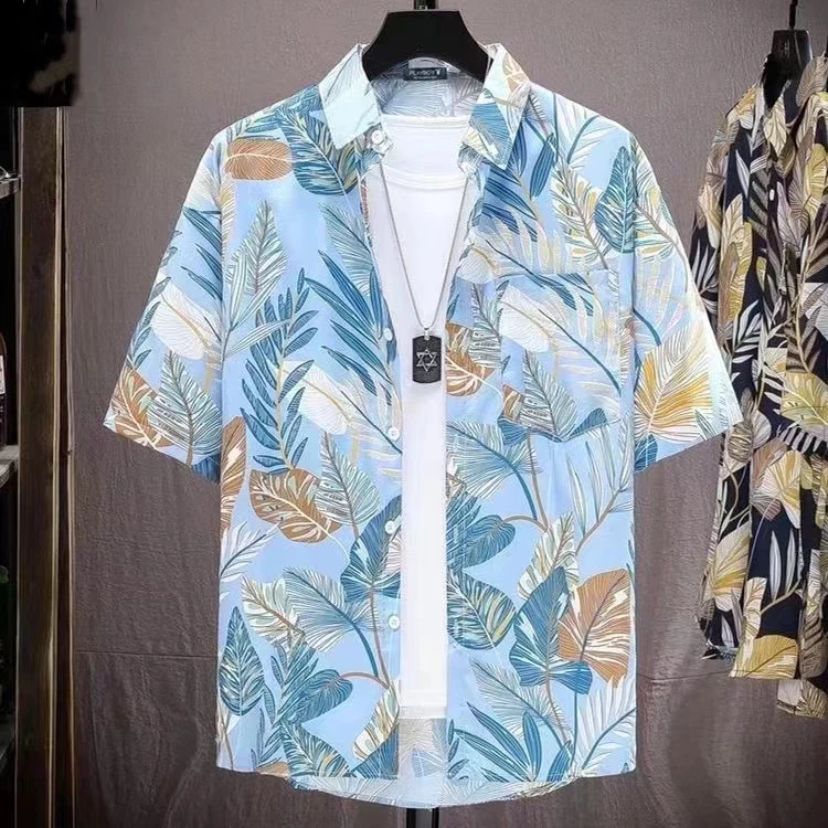เสื้อฮาวายชาย แขนสั้น ลายดอก ผ้านิ่ม สไตล์เกาหลี