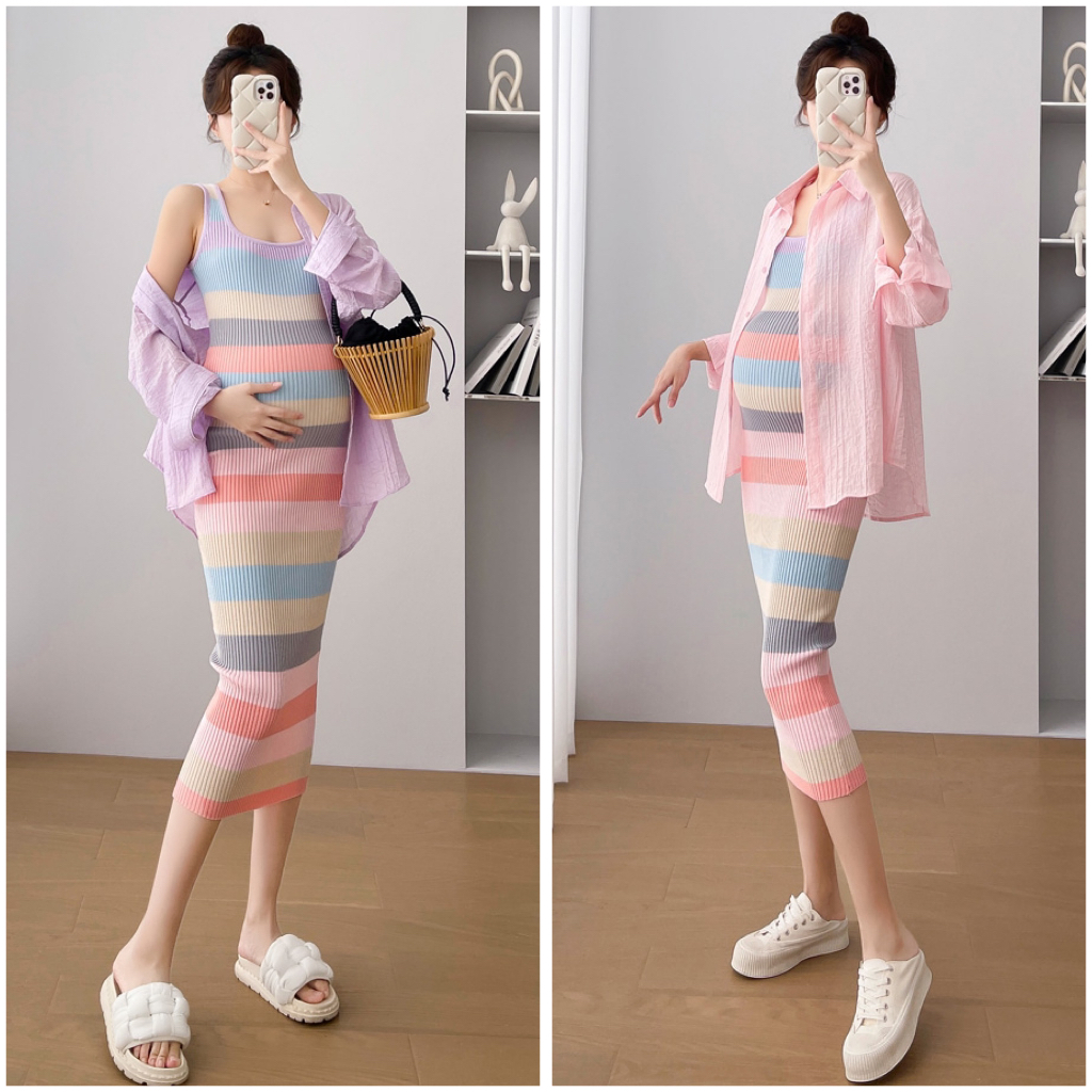 (ได้ 2 ชิ้น ) ชุดเดรสคลุมท้องแฟชั่น ผ้าไหมพรมร่อง + เสื้อคลุมแขนยาว AA4037