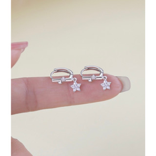 212_Hoop Double star s925 sterling silver ต่างหูเงินแท้ แบบห่วงห้อยรูปดาว