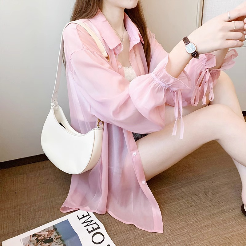 COD🔥PBB3020🔥เสื้อเชิ้ตคอปกแขนยาวผู้หญิงสีทึบเรียบง่าย oversize เสื้อคลุมกันแดดแฟชั่นเกาหลี แมชง่ายกั