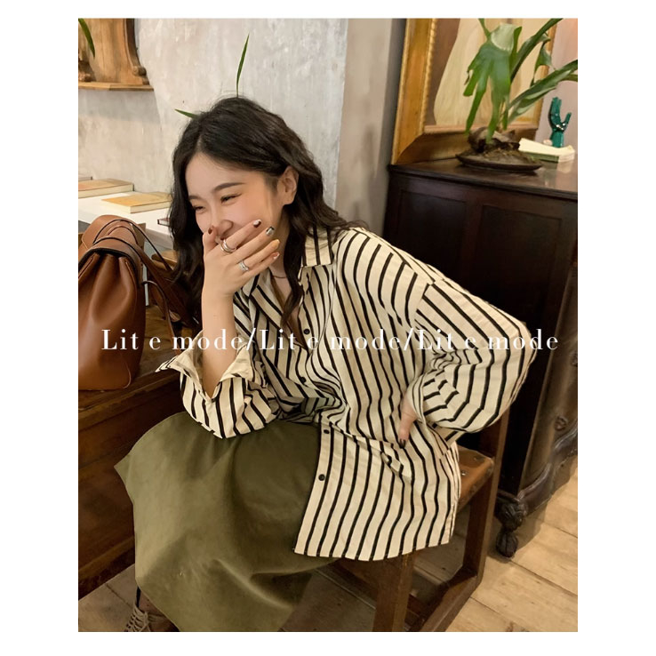 PBB3013 เสื้อเชิ้ตลายทางคอปกแขนยาวผู้หญิงขนาดใหญ่ เสื้อทํางานสไตล์สตรีทแฟชั่นเกาหลีย้อนยุค ทรงหลวม