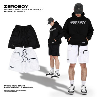 ZEROBOY - กางเกงวอร์มขาสั้น กระเป๋ากล่องหน้า สีดำ/สีขาว